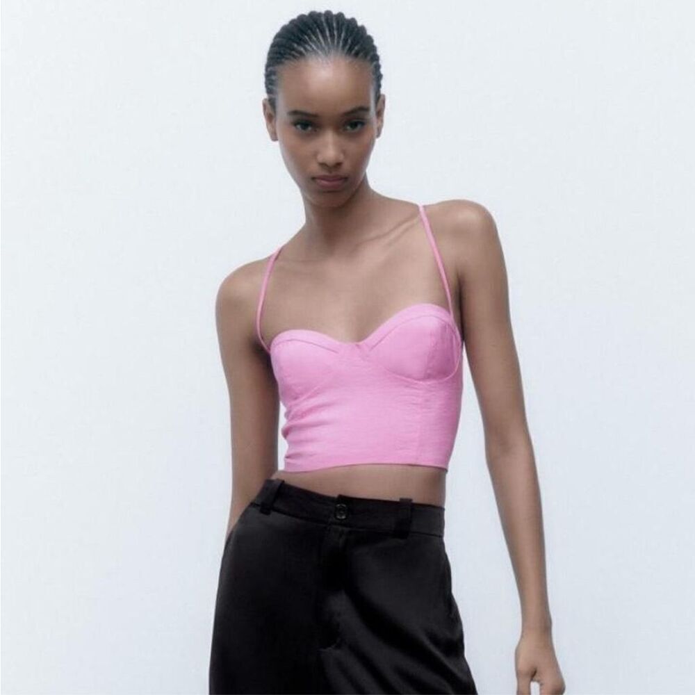Zara Bubble Gum Pink Strappy corset tie back Crop Top Size S